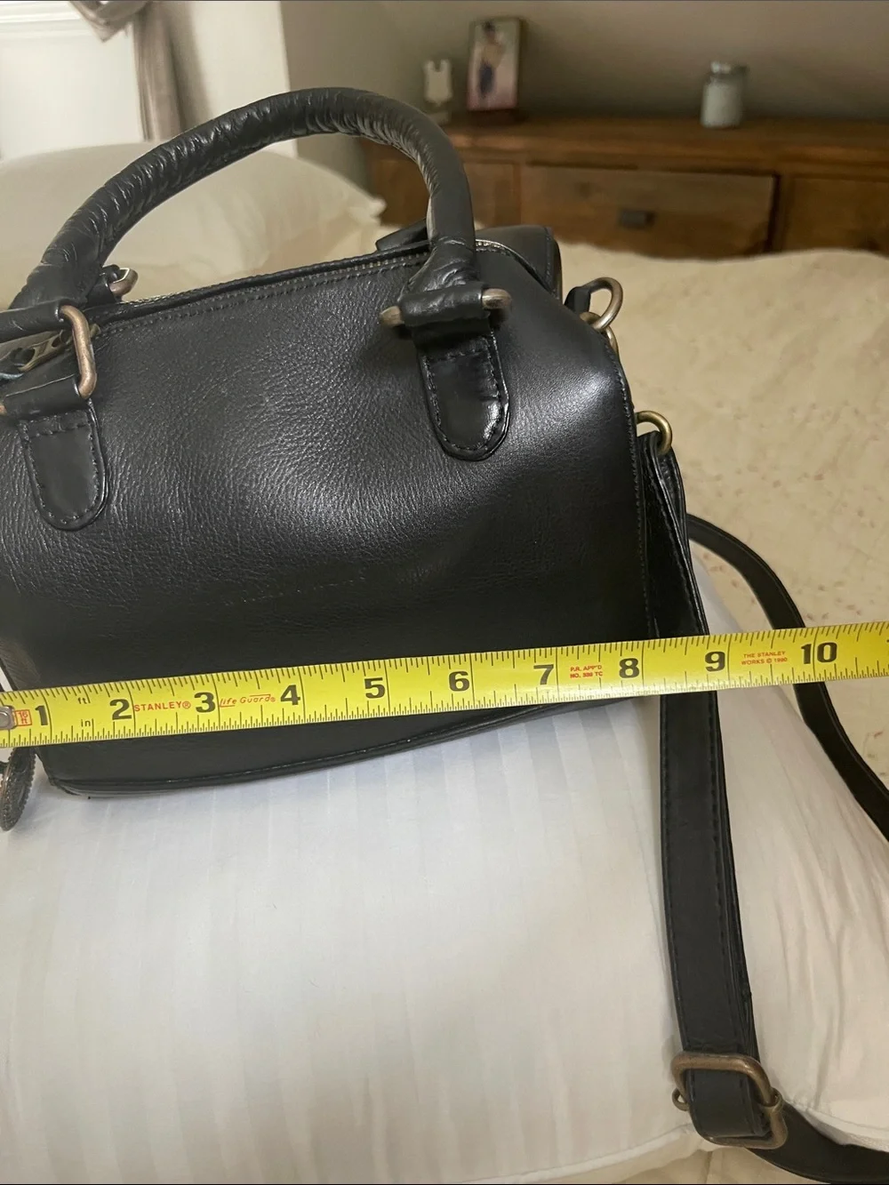 Black Leather Satchel with Top Handles and Crossbody Strap